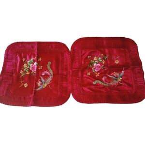 2 VTG Satin Asian Pillow Shams Bird And Floral Embroidery READ